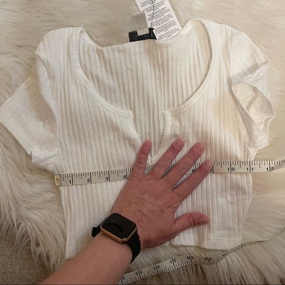 NWT Topshop White Ribbed V Neck Short Sleeve Cotton Lycra Stretch Crop Top 6Pet - Picture 13 of 15